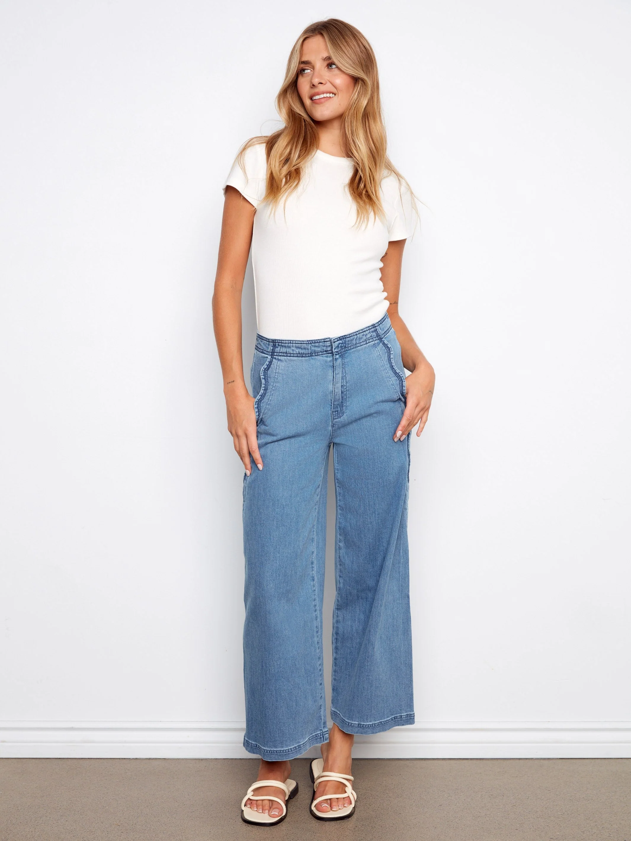Wide Leg Jeans With Scalloped Edges - Soft Blue