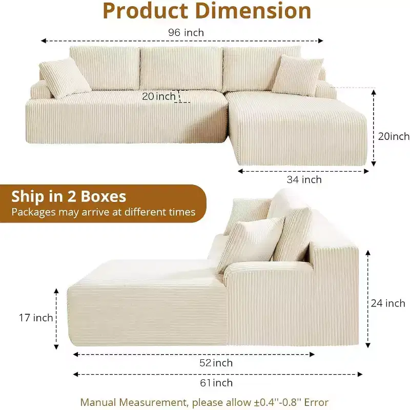 96 Inch L-Shaped Cloud Sectional Couch with Chaise, Boneless Corduroy Couch with Deep Seat, Modern Modular Upholstered Sofa, No Assembly Required