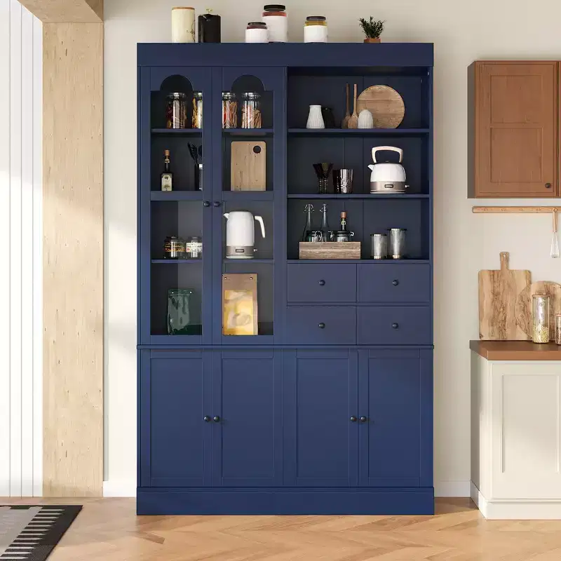 Whisen Freestanding Buffet with Hutch, Tall Kitchen Pantry Cabinet with 4 Drawers, Door Shelves and Pull-out Trays