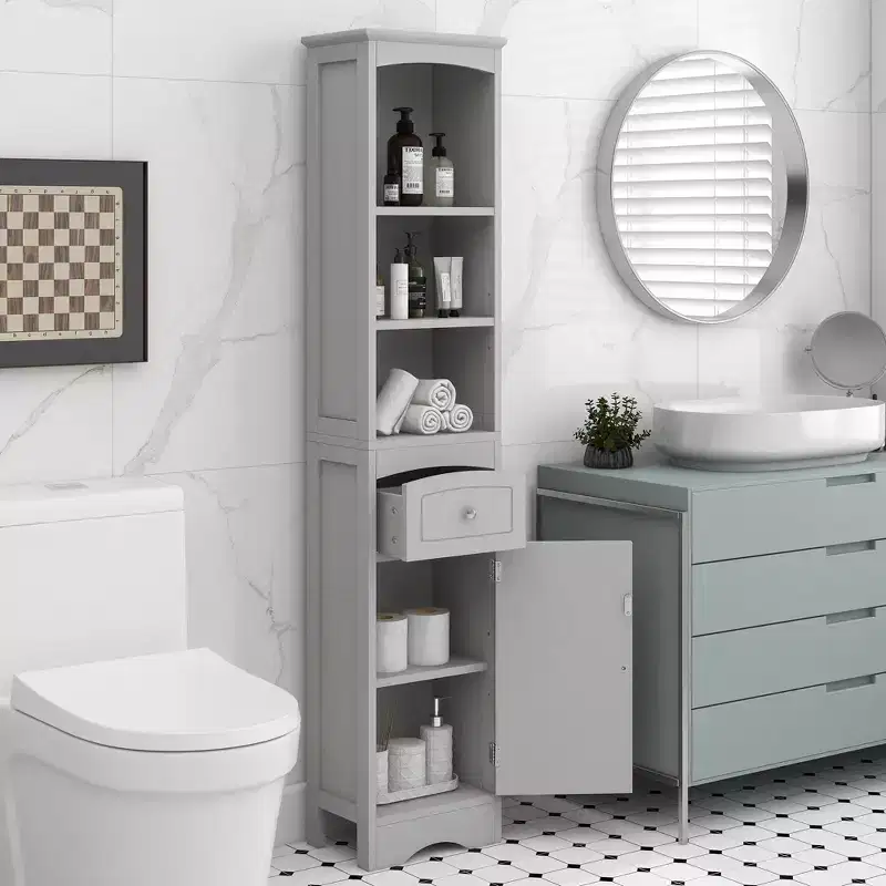 Tall Bathroom Storage Cabinet with Shelves, Drawer and Door, Slim Freestanding Linen Tower for Small Spaces