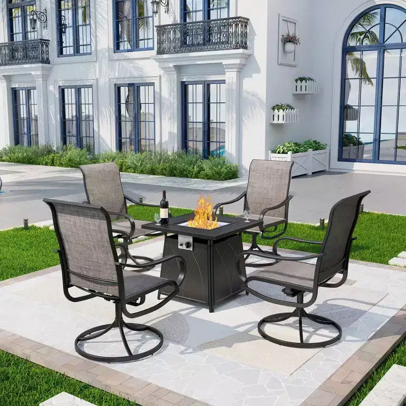 5pc Patio Dining Set with 28" Square Gas Fire Pit Table & Swivel Arm Chairs - Captiva Designs: Outdoor Seating, Rust-Resistant