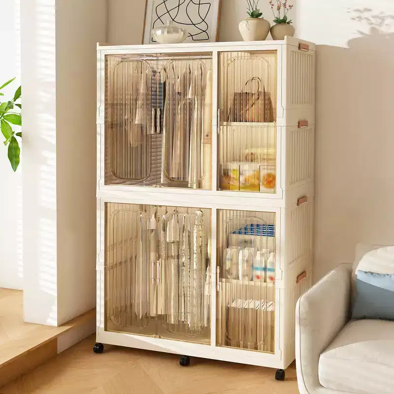 Portable Wardrobe Closet Organizer with 6 Magnetic Doors, 6 Cubes & 2 Hanging Rods, White