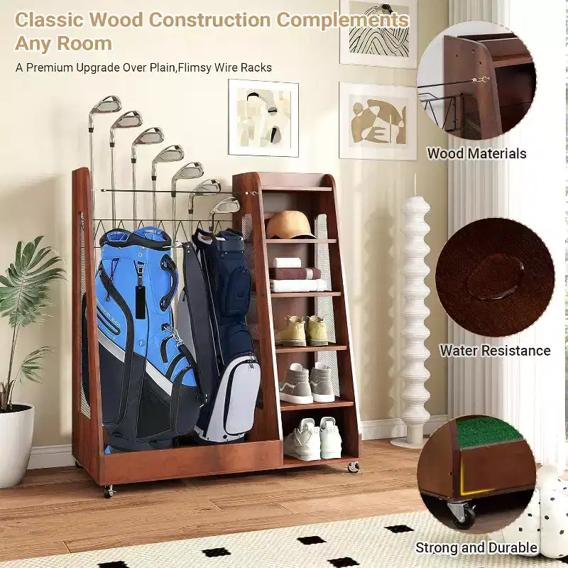 Wooden Golf Bag Organizer and Storage Rack, 2 Golf Bag Storage Rack with Wheels, for Garage, Suitable for Garage Home Golf Club, Brown