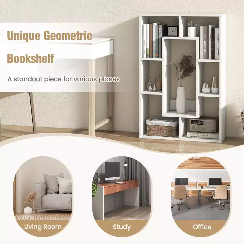 Costway 2 PCS 7-Cube Geometric Bookshelf with Anti-Toppling Device Modern Open Bookcase White/Grey/Natural