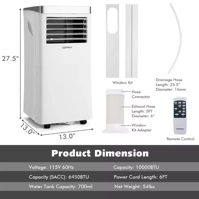 Costway 8000 BTU/10000BTU ASHRAE Portable Air Conditioner 3-in-1 Air Cooler with Remote Control