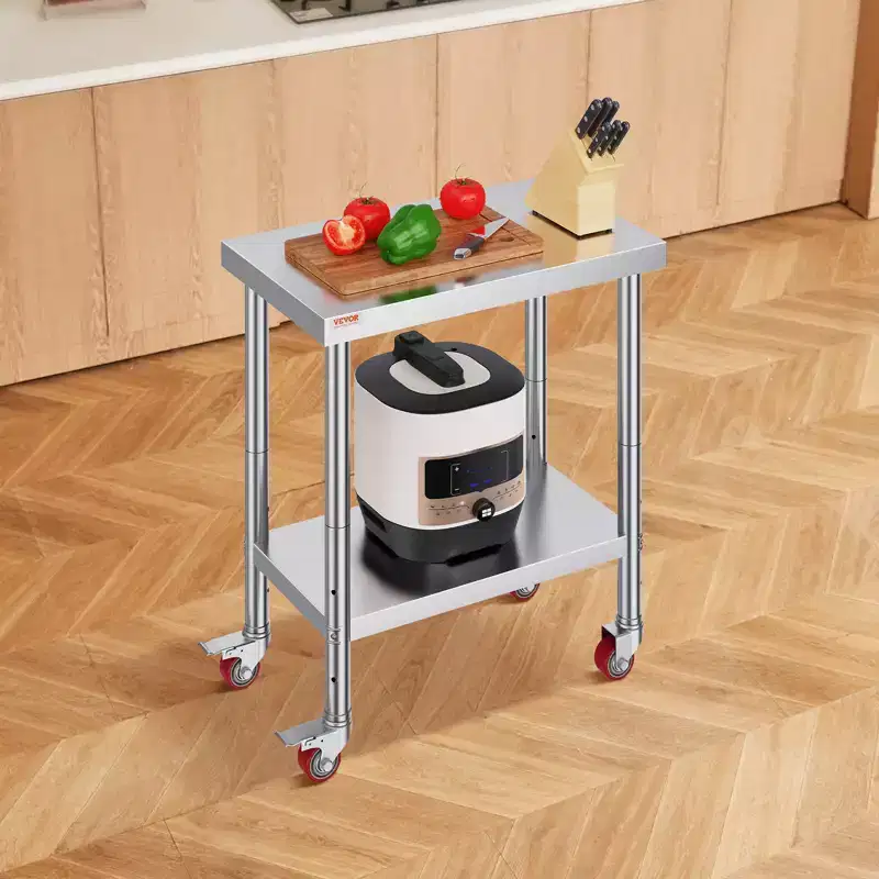 VEVOR Stainless Steel Work Table 30 x 18 x 34 Inch, 700 LBS Load Capacity with 4 Wheels, 3 Adjustable Height Levels, Silver