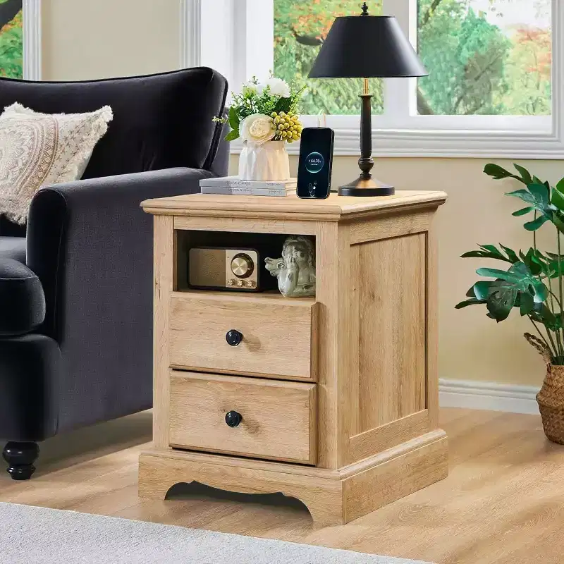18 Vintage Nightstand with Charging Station, End Table Side Table with 2 Drawers for Bedroom, Living Room