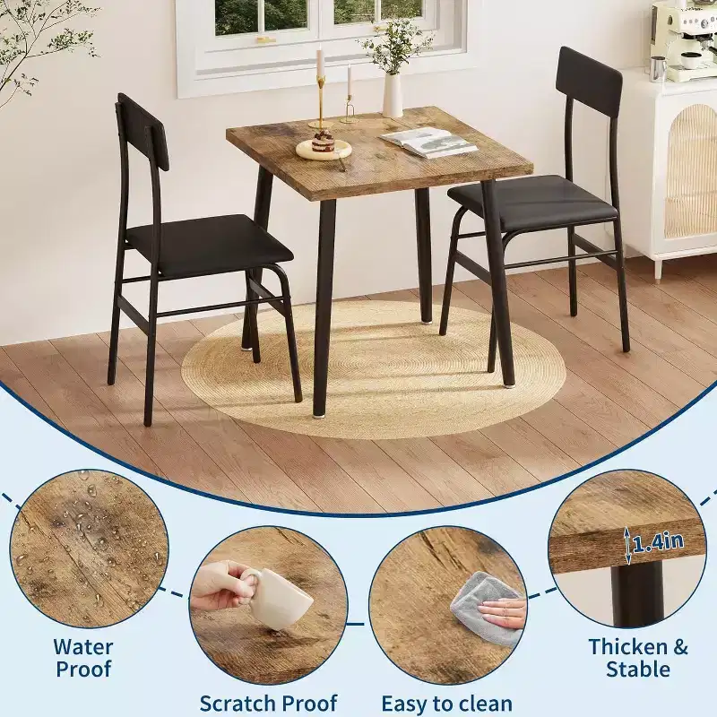 Small Dining Table Set for 2, 3 Piece Kitchen Table Set with 2 Upholstered Chairs, Breakfast Table for Samll Space, Dining Room, Apartment, Restaurant