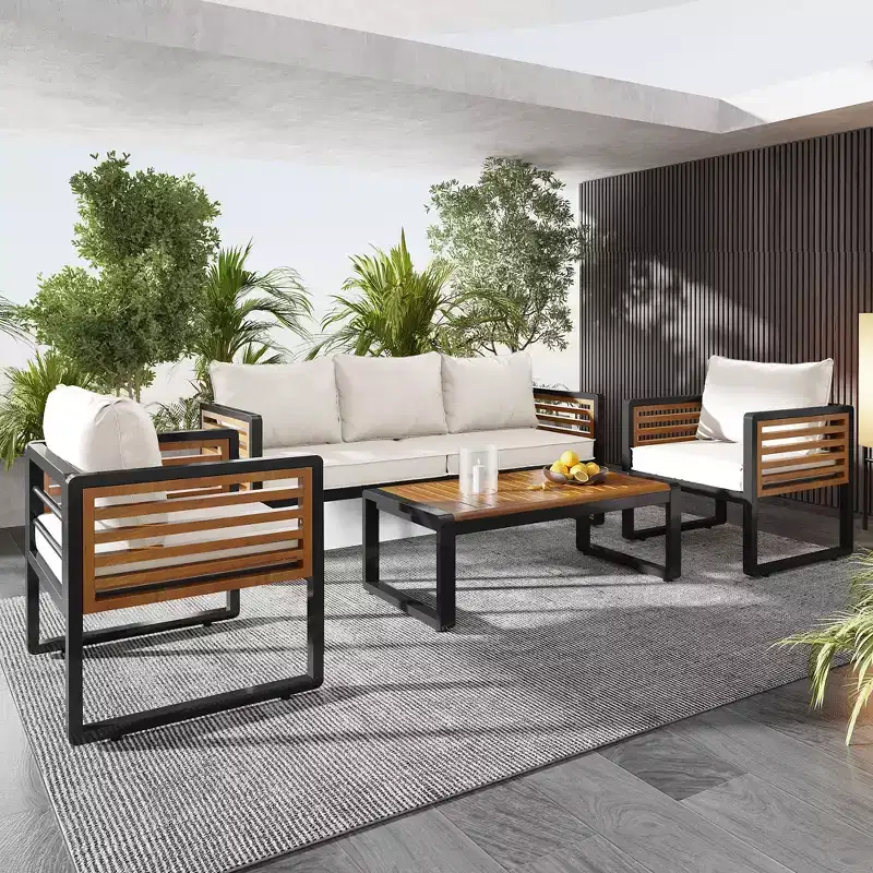GDFStudio Vera Patio Modern Metal and Acacia Wood 4-Piece Conversation Sofa Set with Coffee Table and Cushions