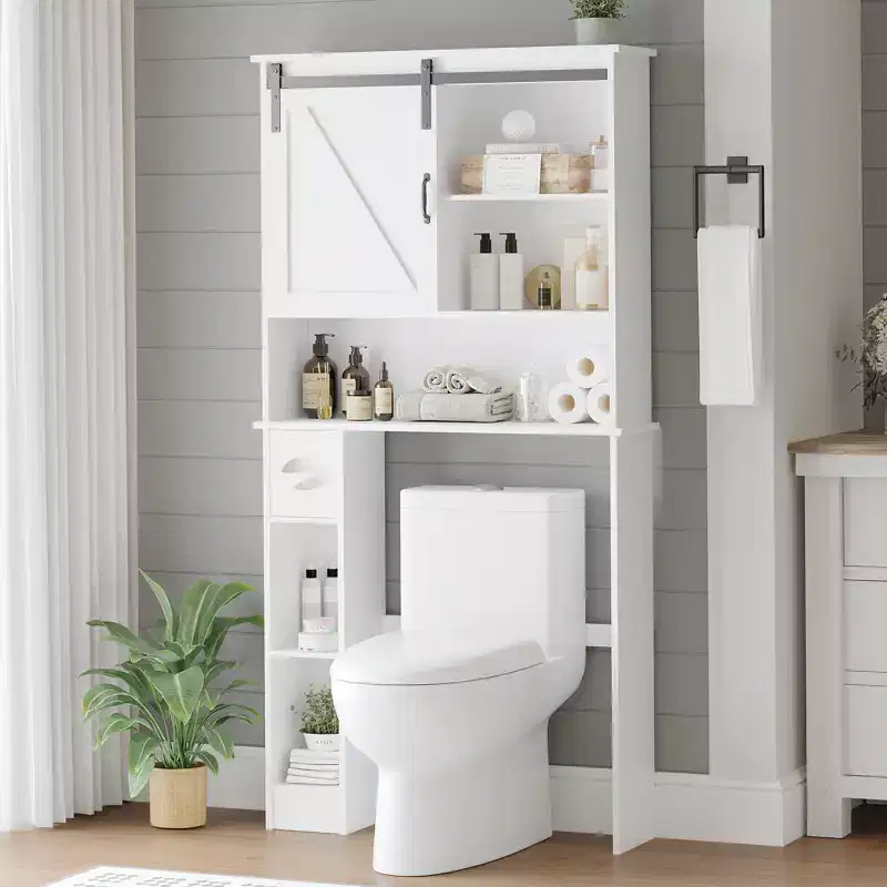 Over the Toilet Storage Cabinet with Sliding Barn Door, Bathroom Organizer Rack with Adjustable Shelf & Toilet Paper Holder for Bathroom