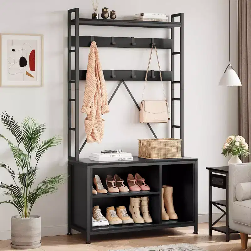 Industrial Hall Tree with Bench, Shoe Storage, & Coat Rack, Entryway Organizer Mudroom Furniture with Hooks and Shelves for Small Spaces