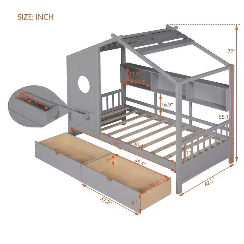Twin Size House Bed with Storage Drawers, Kids House Bed Frame with Shelves, Cute Wood House Bed Twin with Roof for Kids, Girls, Boys, Gray