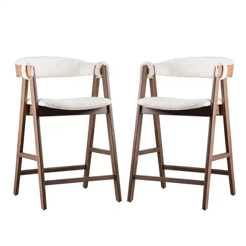 Royal Hampton Counter Stool Chair Set of 2, Walnut Brown Wood, Beige Boucle