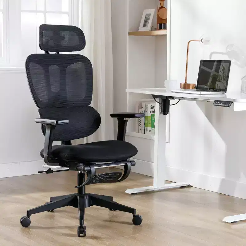 Black Mesh Chair w/ Footrest, 4D Arms, 2D Headrest & Dynamic Lumbar C Silent Wheels, Home/Office Ready