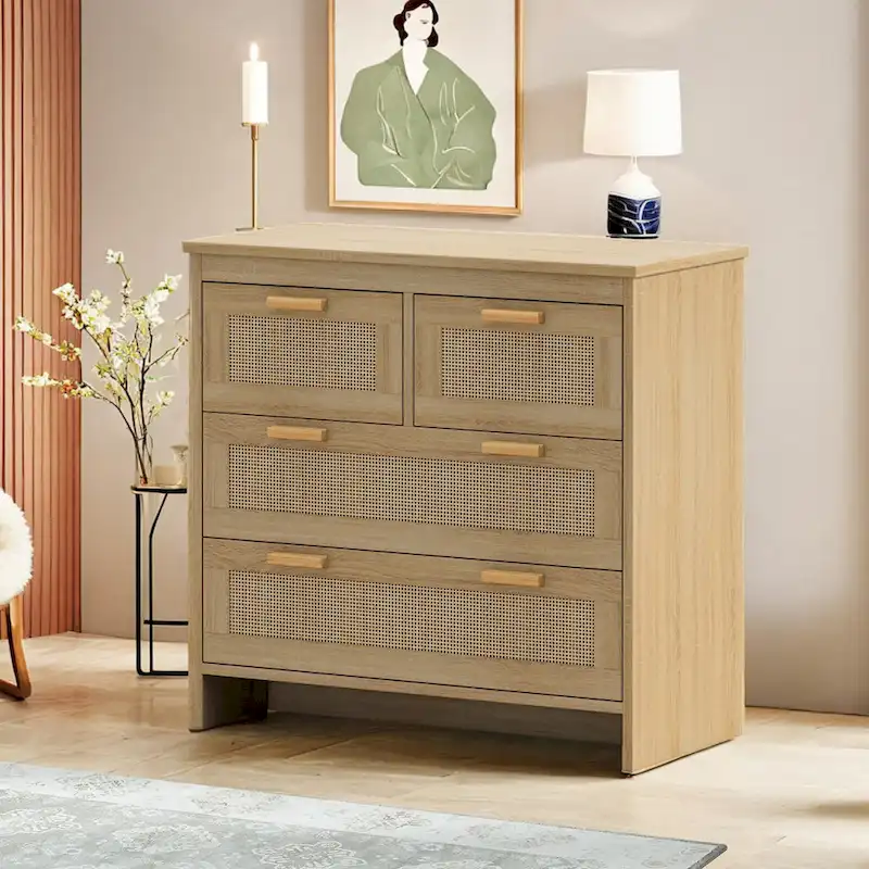 4 Drawers Rattan Cabinet,for Bedroom,Living Room,Dining Room,Hallways,Easy Assembly