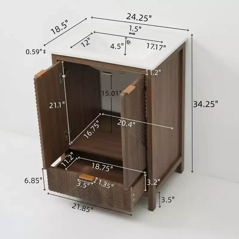 24 Brown Bathroom Vanity with Sink Combo, Textured Doors & Drawer, Pine Legs