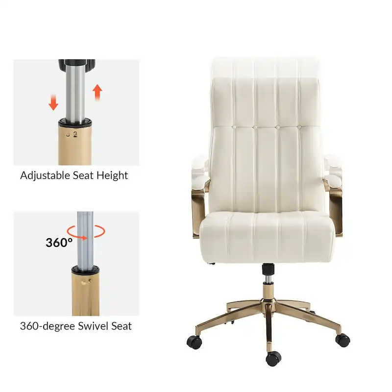 Mid-Century Modern Vegan Leather Swivel Tilting Office Chair with Channel Tufted and Metal Feet