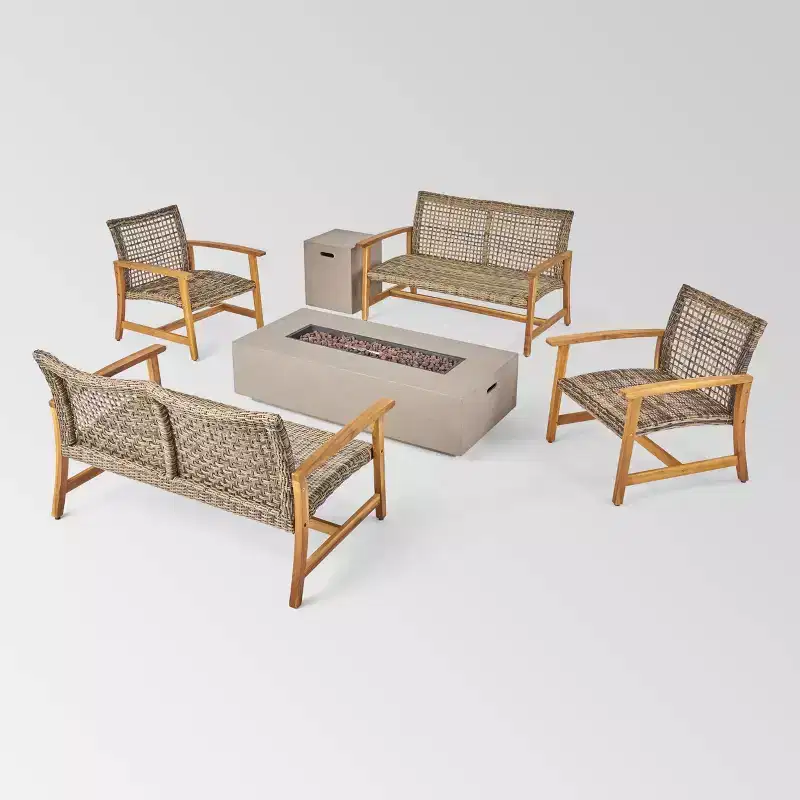 Augusta 6pc Wood & Wicker Chat Set with Fire Pit: Acacia Frame, Weather-Resistant - Christopher Knight Home
