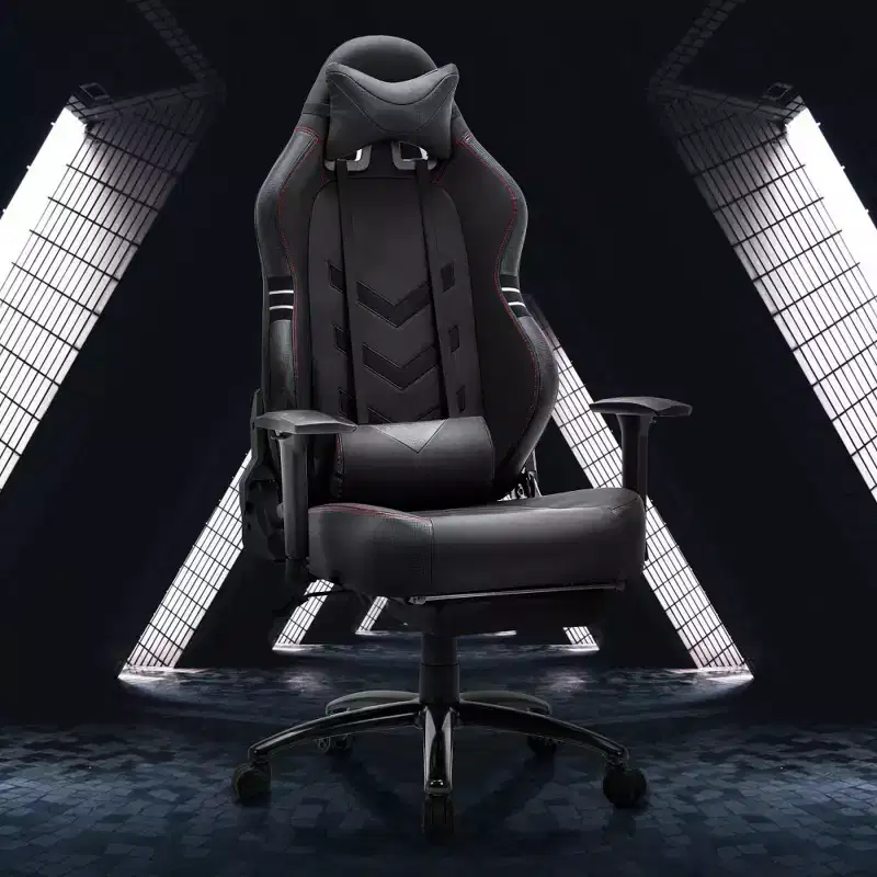Sweat-proof PU Leather Gaming Chair Fixed up Armrest Lumbar Support Ergonomic Arm Chair With Double Arm & Footrest
