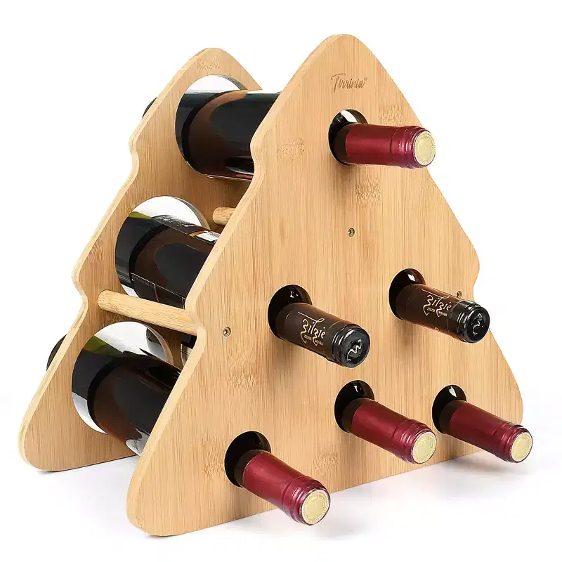 Christmas Tree-Shaped Bamboo Wine Rack - 6 Bottle Freestanding