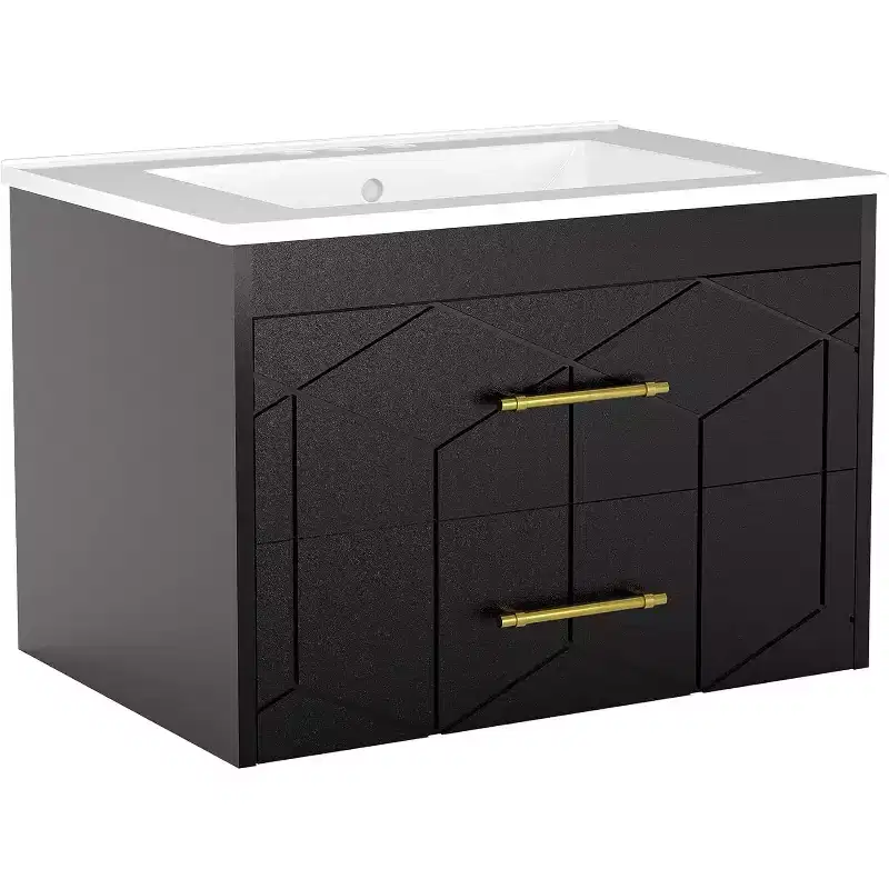 30 Floating Bathroom Vanity with Sink Combo - Ceramic Basin, 2 Soft-Close Drawers with Gold Handles, Easy Assembly