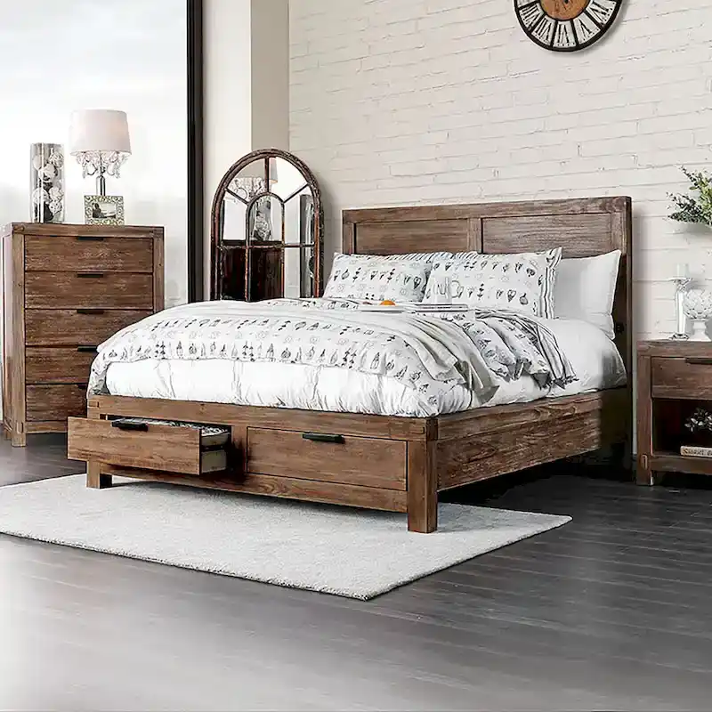 Rustic Wood Storage Bed with USB Headboard & 2 Footboard Drawers