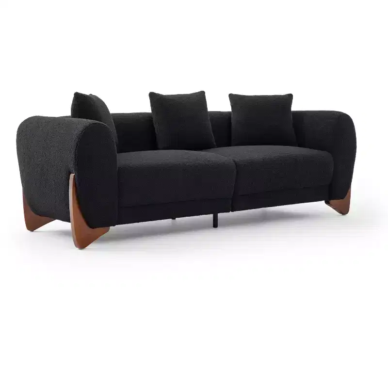 Mid Century Modern Sofa with Lamb Wool Fabric, Upholstered Living Room Sofa with Waist Cushion, Reading Sofa for Bedroom Sunroom