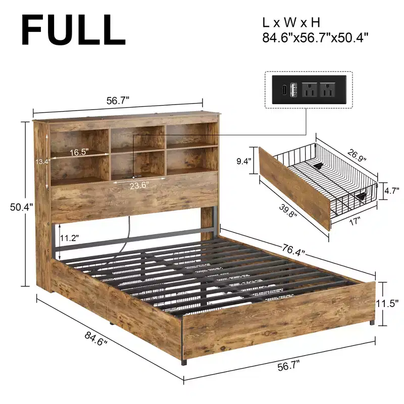VECELO Bed Frame with 50 Storage Bookcase Headboard, 4 Drawers & USB Charging Station, Metal Slats Platform Bed Frame, Rustic Brown Bed