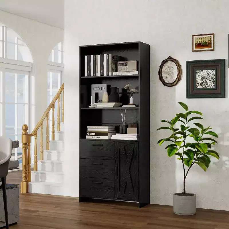 6-Tier Bookshelf with Door and 3 Drawers, 71 H Tall Bookcase with 3-Tier Open Shelves, Wooden Book Shelf w/Storage Cabinet for Home Office