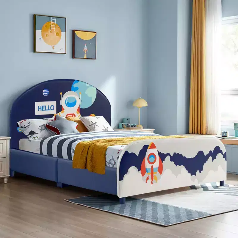 Kids Twin Platform Bed with Astronaut Pattern