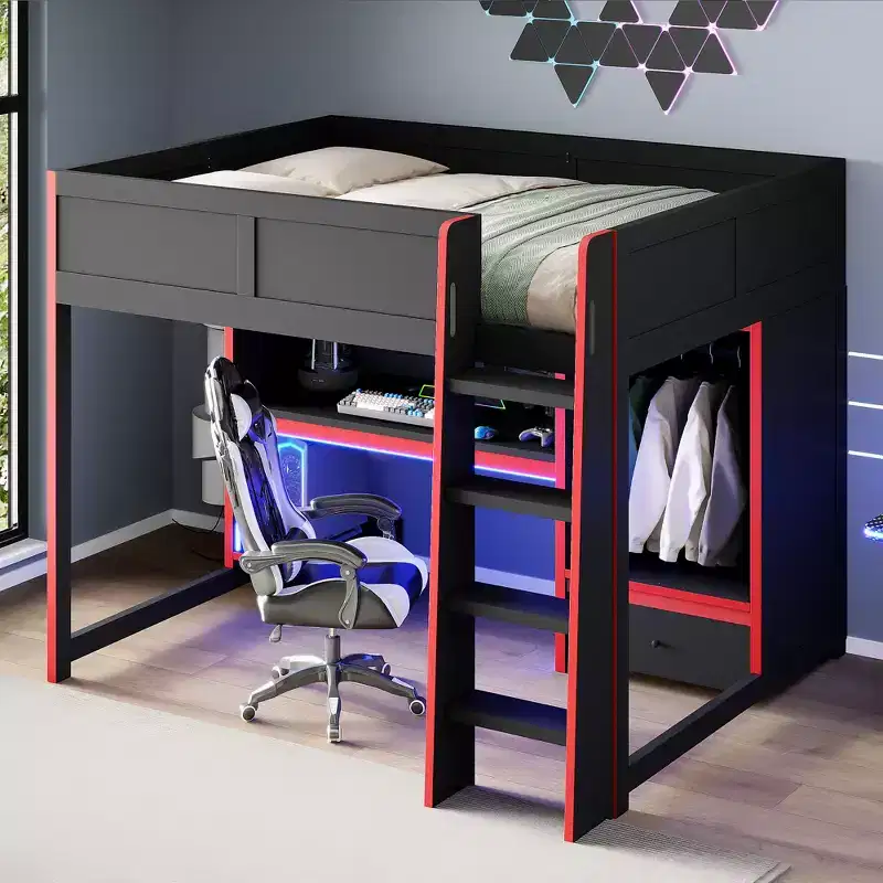 Modern Wooden Loft Bed with Built-in Desk, Wardrobe, LED and 1 Drawer