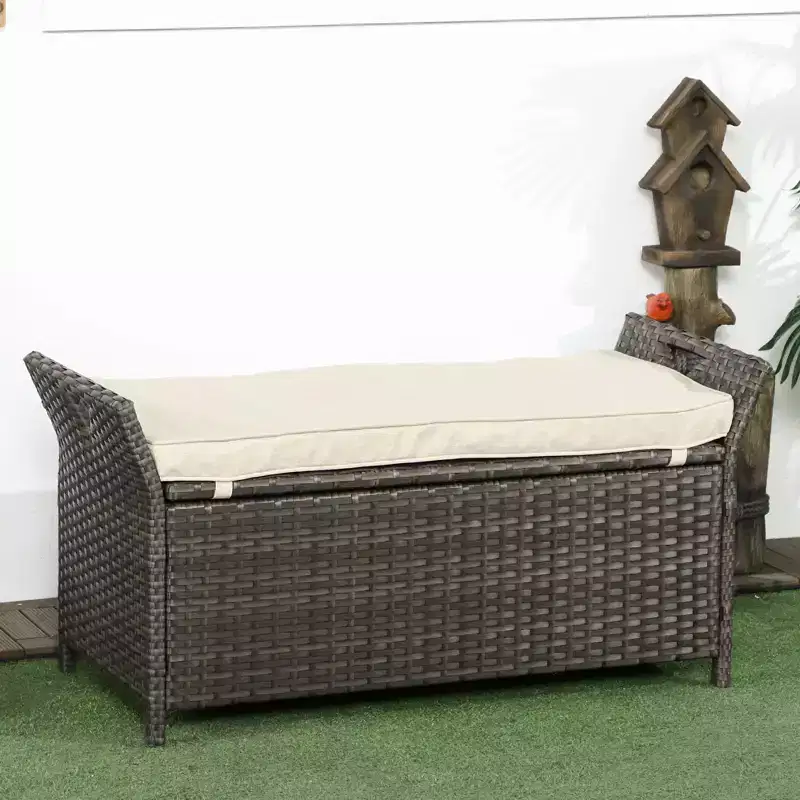 29 Gallon Patio Wicker Storage Bench, Outdoor PE Rattan Patio Furniture, 2-In-1 Large Capacity Rectangle Garden Storage Box with Handles and Cushion