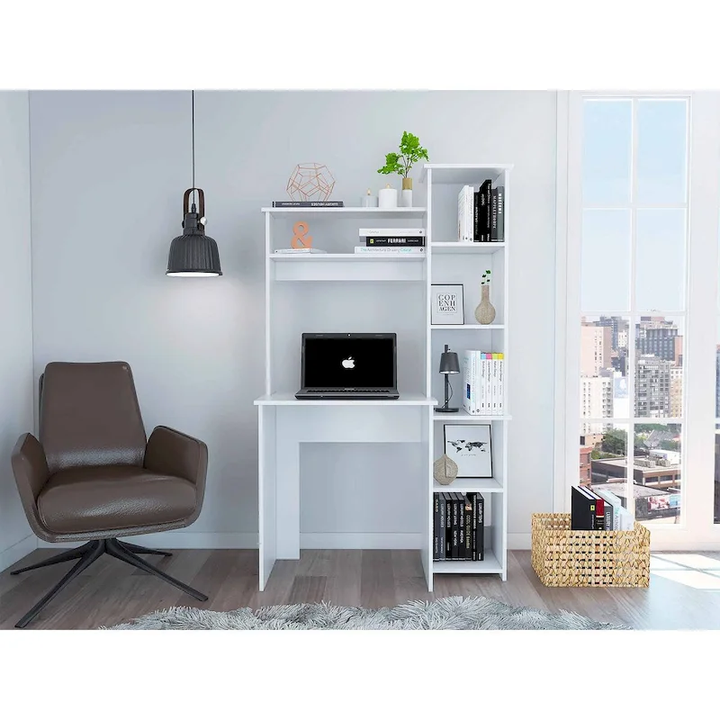 Writing Desk with 6-Shelf Bookcase, Laptop Table, Built-in Cabinet
