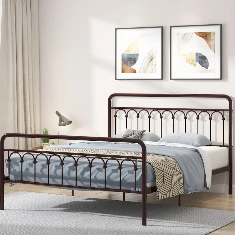 Metal Bed Frame Queen - Black and Antique Brown