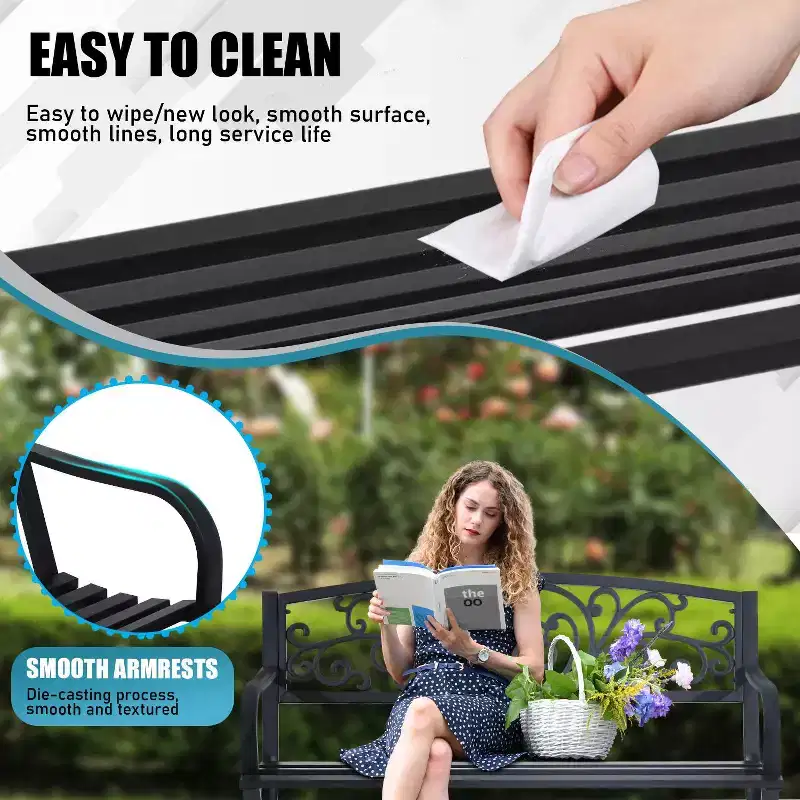 BestMassage Patio Garden Bench 50 Inch Sturdy Metal Loveseat Chairs, Black