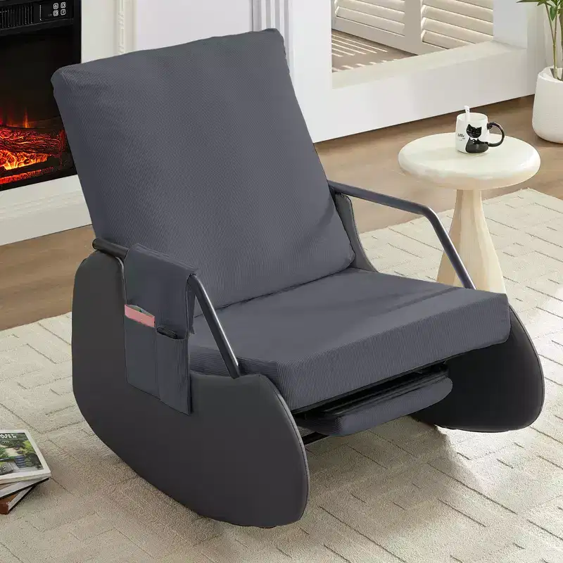 Mjkone Upholstered Corduroy Rocking Chair with Wooden Legs Wrapped in Leather&Adjustable Footrest