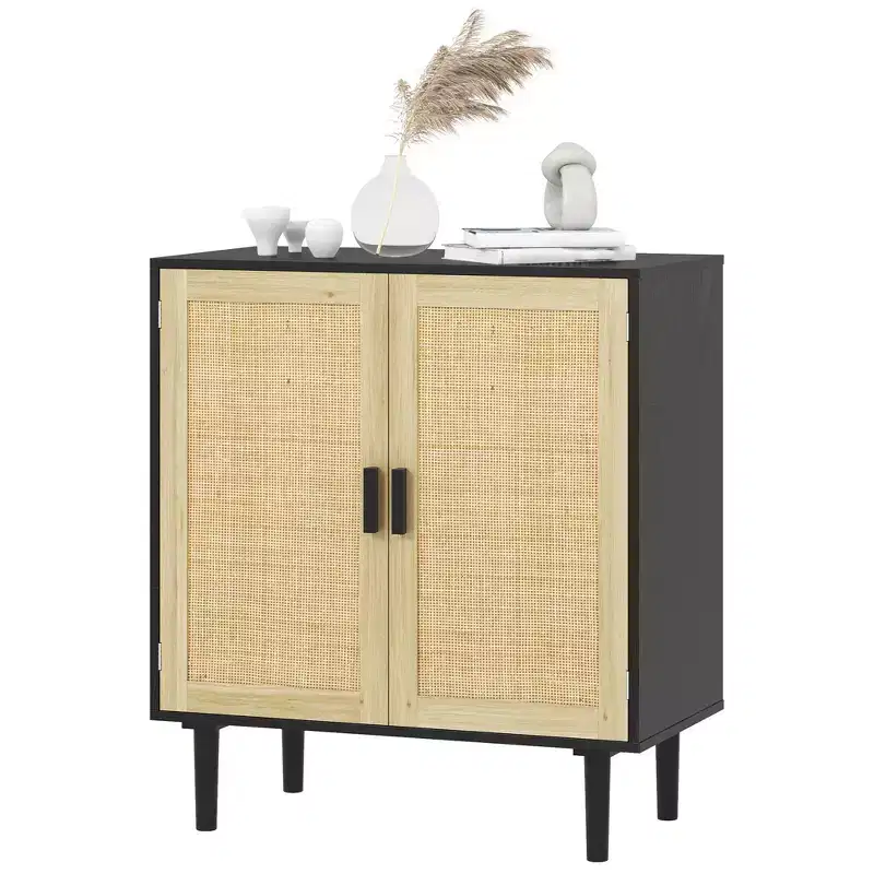 Bohemian Sideboard, 31.5 Buffet Cabinet with 2 Rattan Doors and Shelves for Living Room, Hallway