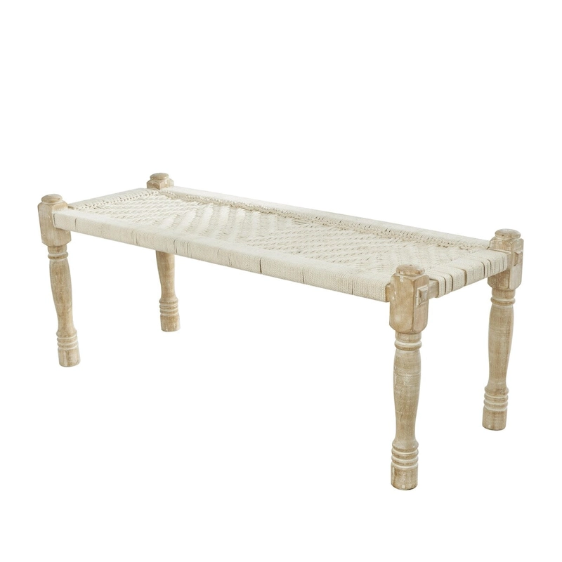 Cotton Fabric Handmade Woven Chevron Patterned Home Bench with Light Brown Mango Wood Legs - Beige - Roche River Decor