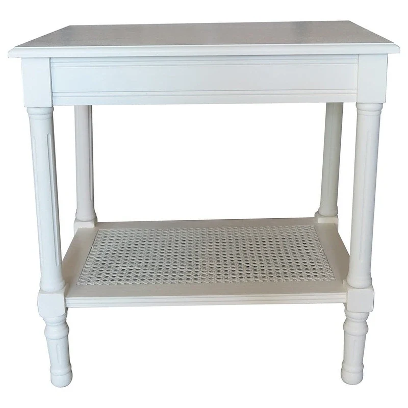 Cream Side Table with Rattan Shelf