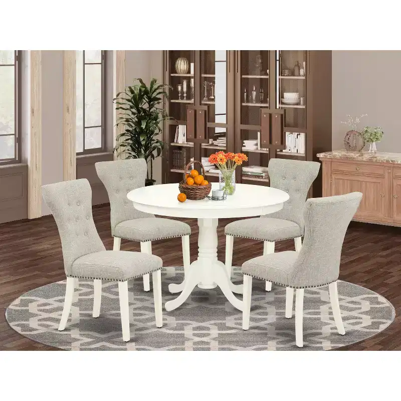 HomeStock 5 Piece Round Pedestal Dining Set Linen White Doeskin