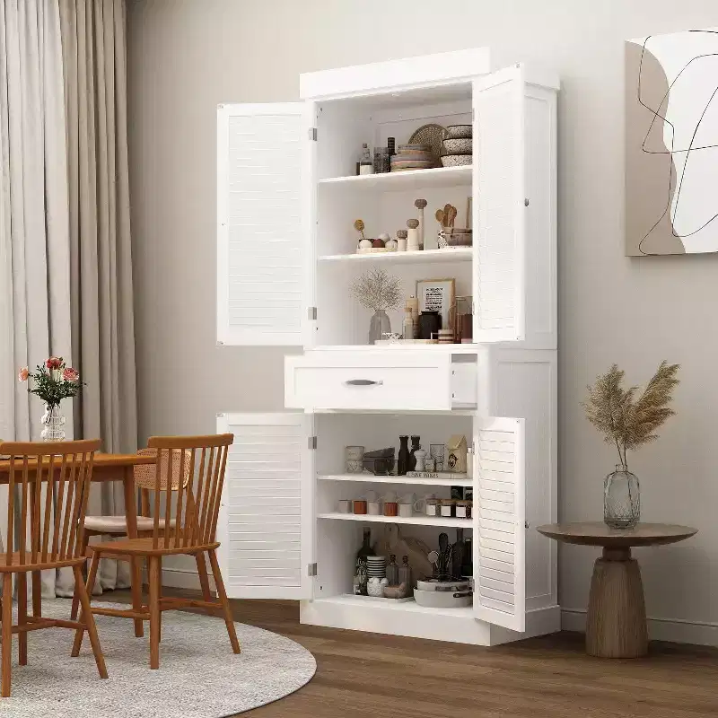 Tall Wooden Storage Cabinet with 4 Shutter Doors, 6 Shelves and 1 Drawer, 71.6