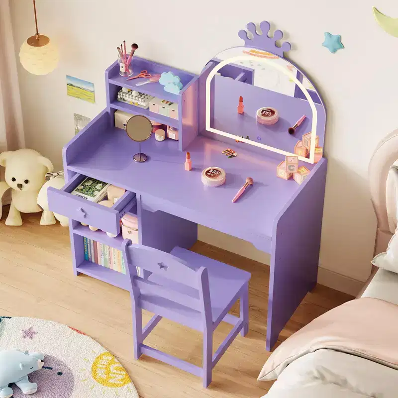 Kids Vanity with Mirror, 2 in 1 Princess Vanity Set Toddler Vanity Table & Chair Set with Open Bookshelf, Storage Cabinet & Shelves for Girls
