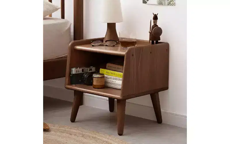 European Beechwood Round Nightstand with Cable Management, Space-Saving Small Side Table for Bedroom Living Room, Modern Bedside Table