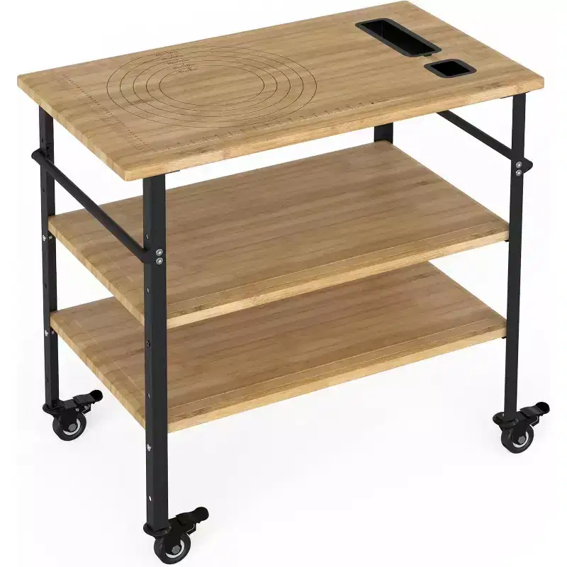 Pizza Oven Table 33x20x35.5, Outdoor Grill Table on 4 Wheels, Three-Shelf Bamboo Cart for Food Prep, BBQ Dining, Wood Color