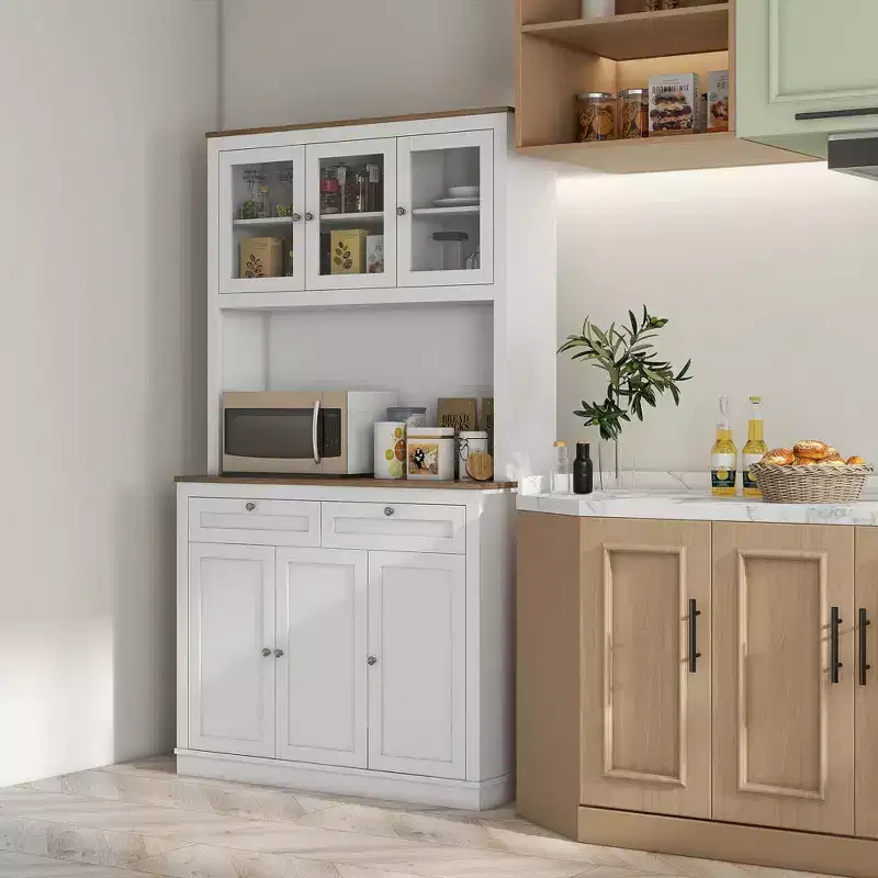 HOMCOM 71 Tall Kitchen Pantry Storage Cabinet with 2 Drawers, Microwave Cabinet with Adjustable Shelves and Glass Doors, White