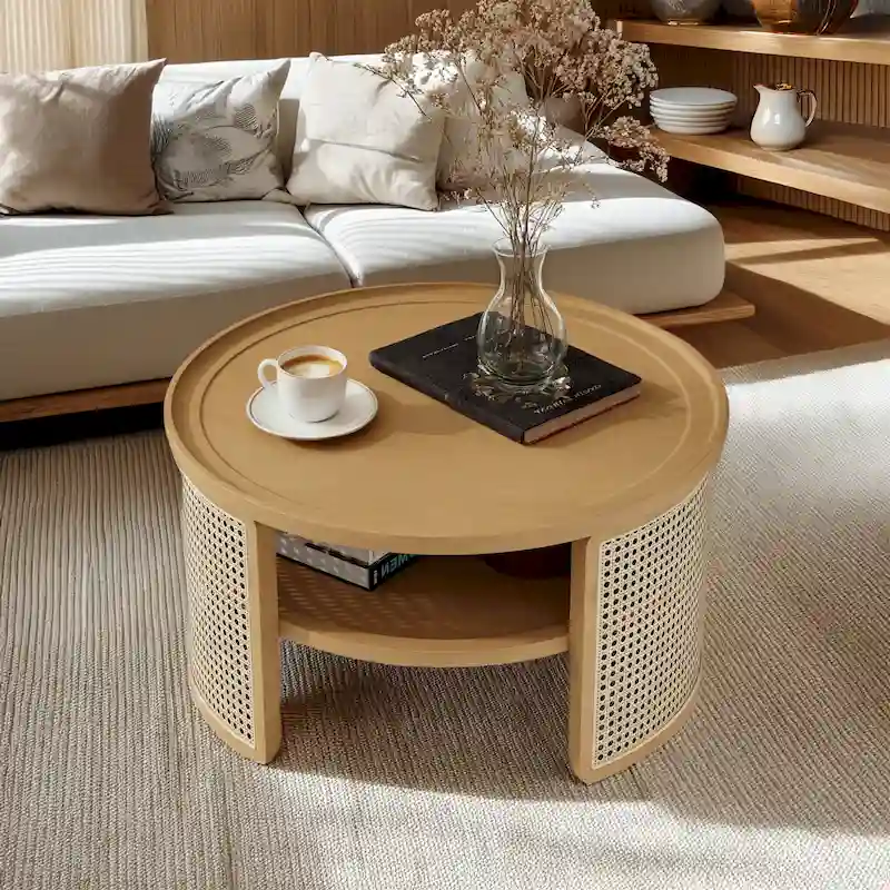 Round Walnut Wood Coffee Table with Tiered Storage