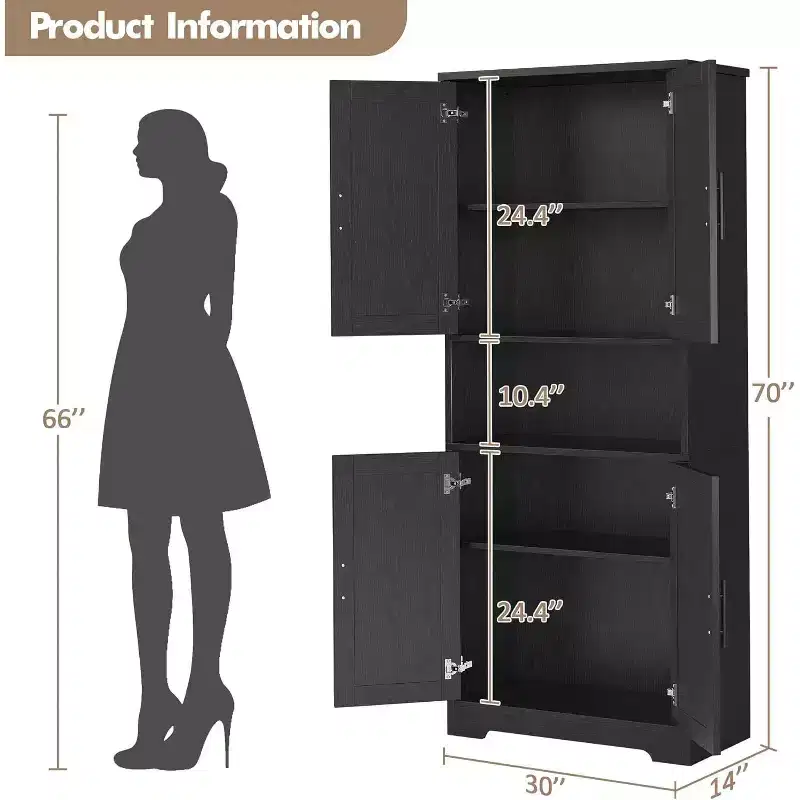 70 in Tall Kitchen Storage Pantry Cabinet with 4 Doors and Adjustable Shelves, Freestanding Cupboard for Dining Room, Bathroom, Laundry Room