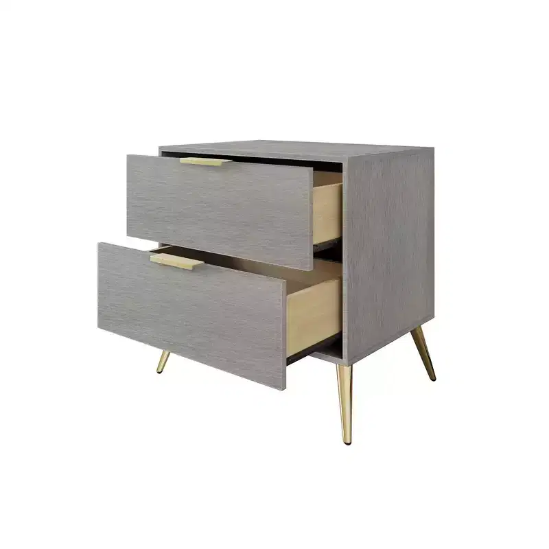 2-Drawer Nightstand with Gold Legs and Handles, Solid Wood