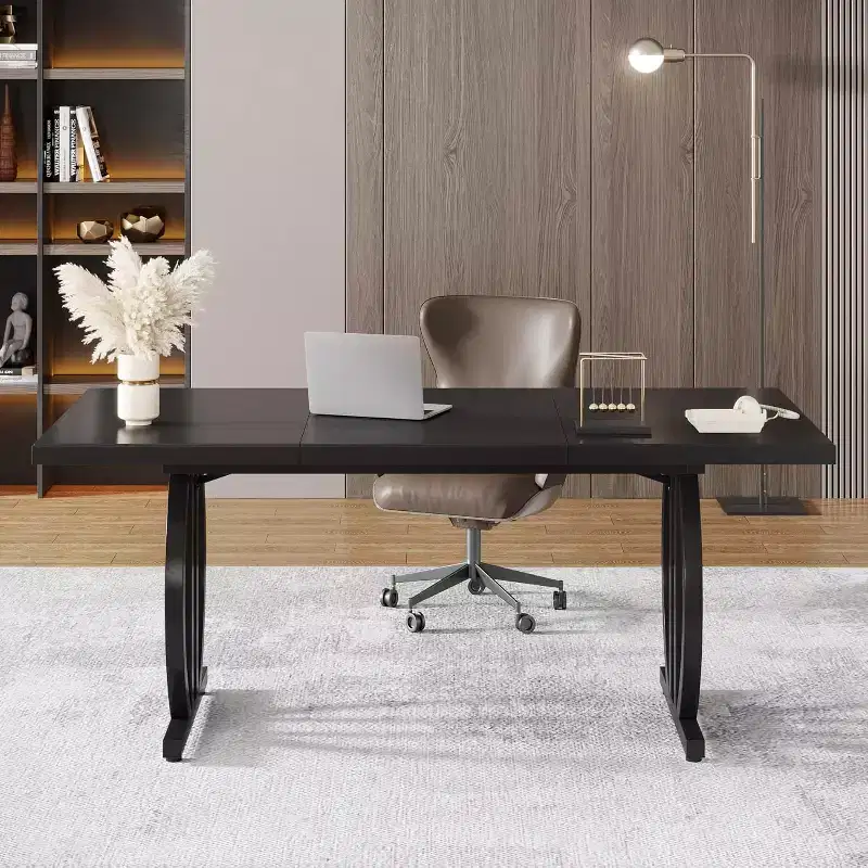 63-Inch Computer Desk, Modern Executive Office Desk with Metal Frame for Home Office, Study Writing Table, Light Black