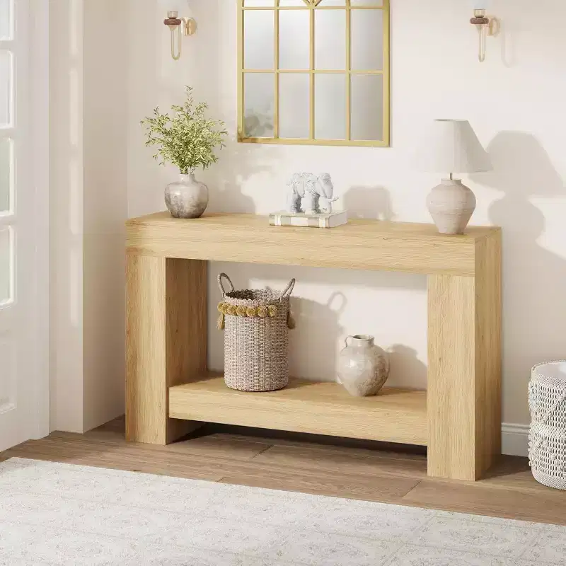 47in Farmhouse Entryway Console Table, 2-Tier Rustic Sofa Table with Metal Legs for Behind Couch Hallway Living Room